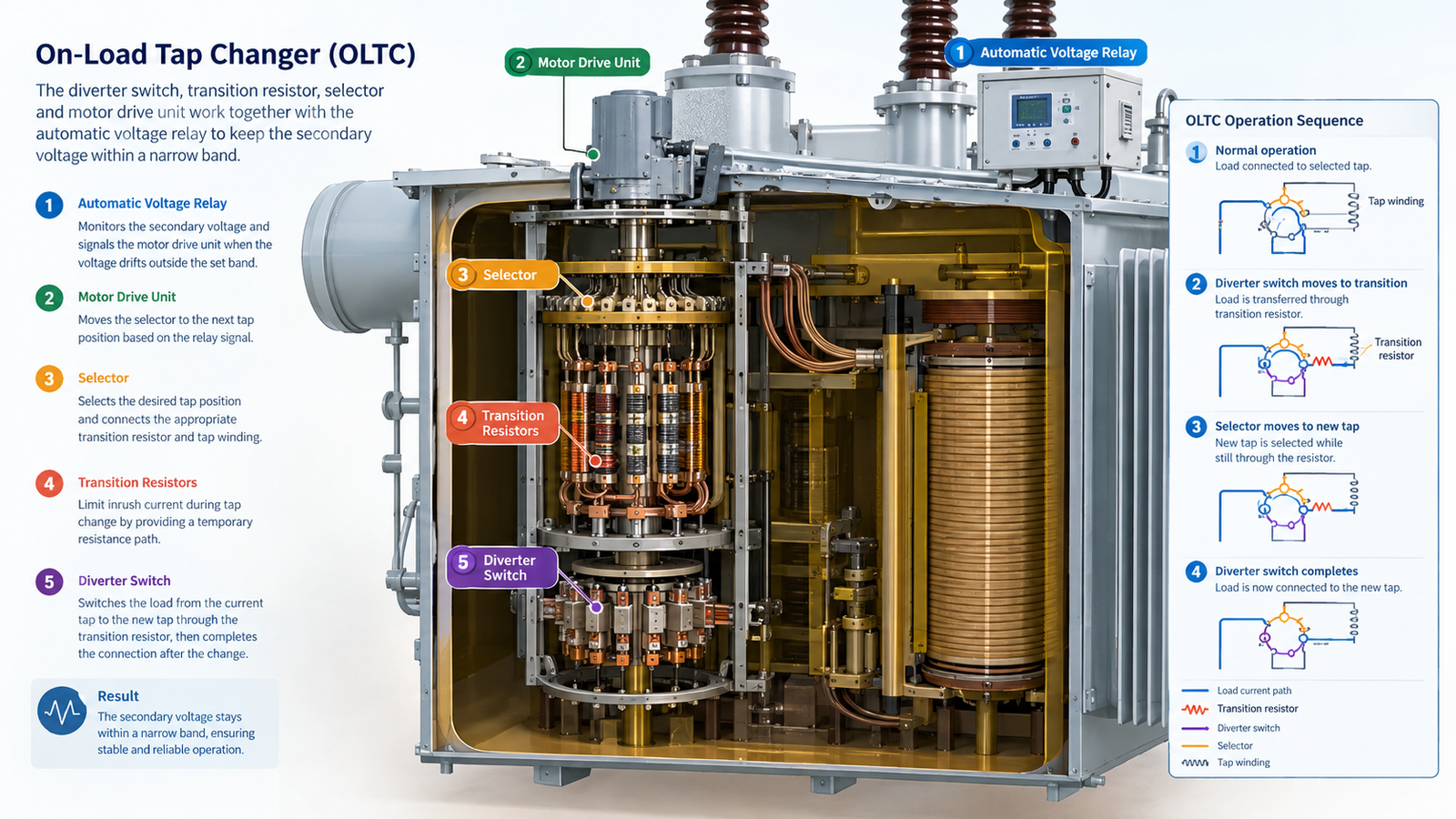 On-load tap changer diverter switch with transition resistors and motor drive unit