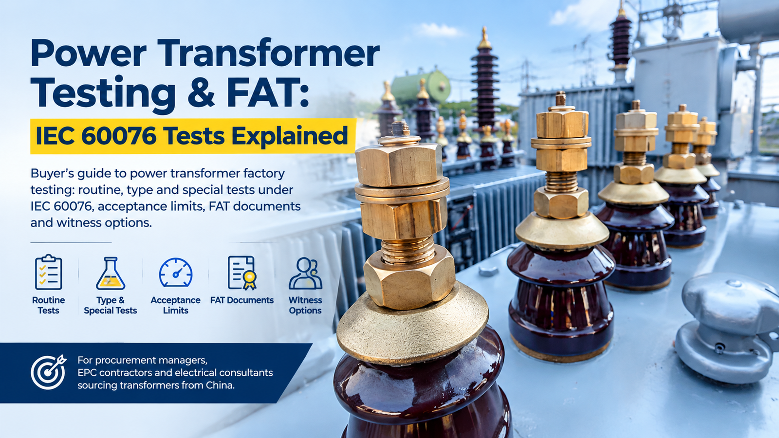 Cover graphic for a guide to power transformer testing and factory acceptance testing under IEC 60076