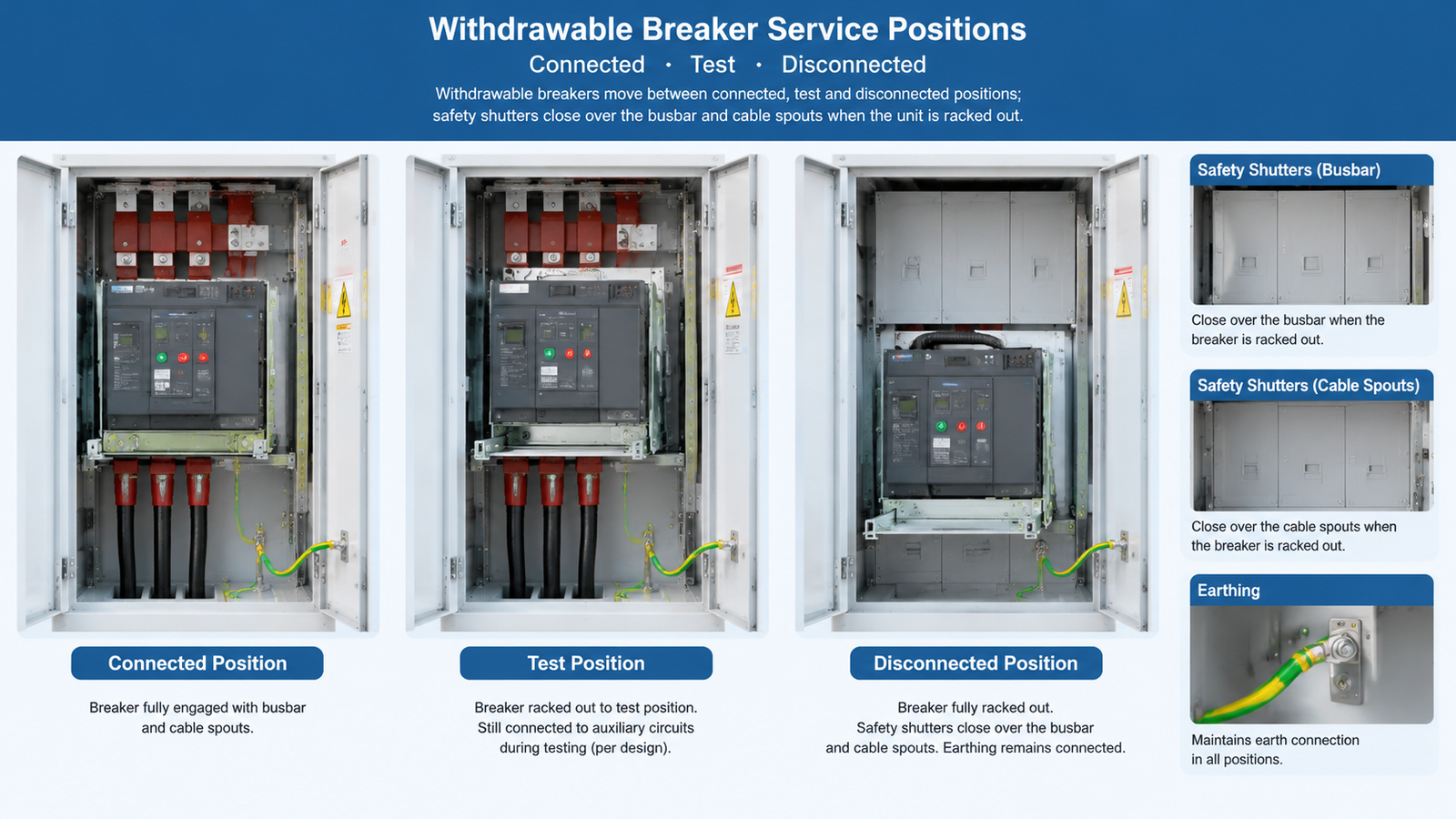 Connected, test and disconnected positions of a withdrawable breaker with safety shutters