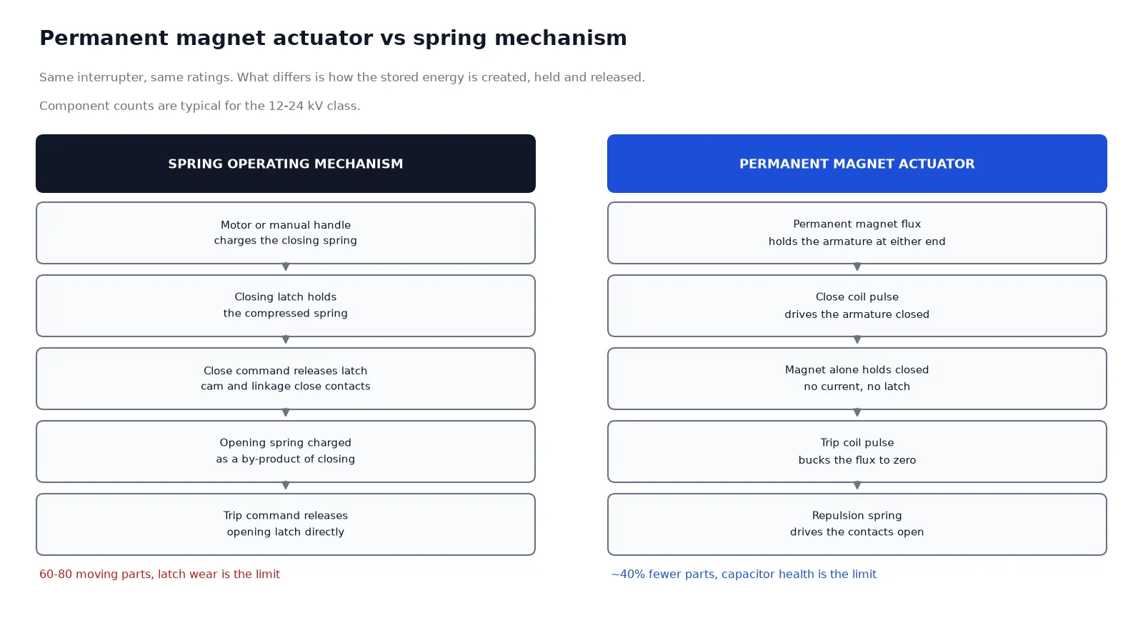 Schematic comparison of a permanent magnet actuator and a spring operating mechanism in a ZW32 vacuum circuit breaker